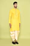 Shop_Arihant Rai Sinha_Yellow Kurta Cotton Embroidered Thread And Beige Dhoti Pant Set 