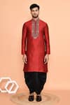 Buy_Arihant Rai Sinha_Maroon Kurta Silk Embroidered Thread And Black Dhoti Pant Set _Online_at_Aza_Fashions