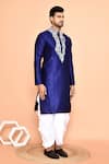 Arihant Rai Sinha_Blue Art Silk Embroidered Thread Kurta And Cream Dhoti Pant Set _at_Aza_Fashions