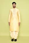 Arihant Rai Sinha_Yellow Art Silk Embroidered Thread Mirror Work Kurta And Cream Dhoti Pant Set _at_Aza_Fashions