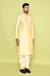 Shop_Arihant Rai Sinha_Yellow Art Silk Embroidered Thread Mirror Work Kurta And Cream Dhoti Pant Set 