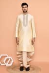 Shop_Arihant Rai Sinha_Beige Art Silk Embroidered Placket Floral Kurta With Dhoti Pant _Online_at_Aza_Fashions