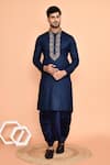 Buy_Arihant Rai Sinha_Blue Kurta Cotton Embroidered Placket Floral Flower With Dhoti Pant _at_Aza_Fashions