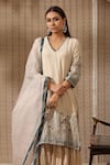 Rekha Agra_Cream Chanderi Botanic V Neck Hand Print Kurta Set _at_Aza_Fashions