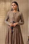 Shop_Rekha Agra_Beige Mukaish Chanderi Hand Block Print Floral Anarkali And Jacket Round Set With 