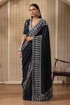 Buy_Rekha Agra_Blue Cotton Crinkle Mukaish Hand Printed Paisley V Pre-draped Saree With Blouse _at_Aza_Fashions