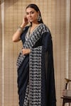 Buy_Rekha Agra_Blue Cotton Crinkle Mukaish Hand Printed Paisley V Pre-draped Saree With Blouse _Online_at_Aza_Fashions