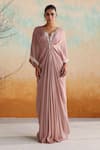 Buy_Seema Thukral_Pink Chiffon Embellished Resham Asymmetric Jasmine Bead Draped Kaftan _at_Aza_Fashions