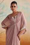 Shop_Seema Thukral_Pink Chiffon Embellished Resham Asymmetric Jasmine Bead Draped Kaftan _at_Aza_Fashions