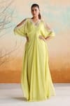 Buy_Seema Thukral_Green Chiffon Embellished Zari V-neck Rue Mirrorwork Draped Kaftan _at_Aza_Fashions