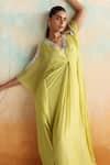 Shop_Seema Thukral_Green Chiffon Embellished Zari V-neck Rue Mirrorwork Draped Kaftan _Online_at_Aza_Fashions