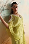 Shop_Seema Thukral_Green Chiffon Embellished Zari V-neck Rue Mirrorwork Draped Kaftan _at_Aza_Fashions