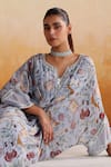 Shop_Seema Thukral_Blue Georgette Embellished Zari Notched Kalina Floral Print Kaftan _at_Aza_Fashions