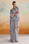 Shop_Seema Thukral_Blue Georgette Embellished Zari Notched Kalina Floral Print Kaftan 