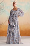 Buy_Seema Thukral_Blue Georgette Embellished Zari Kaftan V-neck Calla Floral Print With Bralette _at_Aza_Fashions