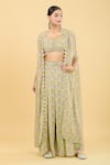 Buy_Basanti - Kapde Aur Koffee_Green Georgette Printed Tree Cape Open Tropical And Sharara Set _at_Aza_Fashions