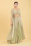 Shop_Basanti - Kapde Aur Koffee_Green Georgette Printed Tree Cape Open Tropical And Sharara Set _Online_at_Aza_Fashions