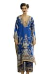 Rajdeep Ranawat_Blue Kaftan Silk Block Printed Floral Plunge V Neck Ghufrina And Pant Set _Online