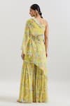 Basanti - Kapde Aur Koffee x AZA_Yellow Chinon Printed Floral Cape One Shoulder And Sharara Set _Online_at_Aza_Fashions