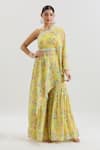 Buy_Basanti - Kapde Aur Koffee x AZA_Yellow Chinon Printed Floral Cape One Shoulder And Sharara Set _at_Aza_Fashions