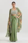 Buy_Basanti - Kapde Aur Koffee x AZA_Green Chinon Embroidered Sequins Blouse Floral Print Cape And Draped Skirt Set _at_Aza_Fashions