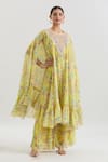 Buy_Basanti - Kapde Aur Koffee x AZA_Yellow Chinon Printed Floral Blouse Sweetheart Cape And Sharara Co-ord Set _at_Aza_Fashions