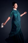 PREETI MEHTA_Green Satin Embellished Pearl Round High Neck Pleated Saree With Collar Blouse _Online_at_Aza_Fashions