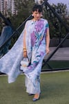 Shop_PREETI MEHTA_Blue Lurex Chinon In 60% And 40% Polyster Printed Bloom Boat Kaftan & Pant Set _at_Aza_Fashions