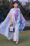 Shop_PREETI MEHTA_Blue Lurex Chinon In 60% And 40% Polyster Printed Bloom Boat Kaftan & Pant Set _Online_at_Aza_Fashions