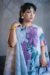 PREETI MEHTA_Blue Lurex Chinon In 60% And 40% Polyster Printed Bloom Boat Kaftan & Pant Set _at_Aza_Fashions