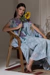 Buy_PREETI MEHTA_Blue Lurex Chinon In 60% And 40% Polyster Printed Bloom Boat Kaftan & Pant Set _Online