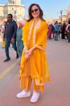 Buy_PREETI MEHTA_Yellow Pleated Satin Polyester Organza Placement Kurta Set With Flower Dupatta _at_Aza_Fashions