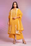 PREETI MEHTA_Yellow Pleated Satin Polyester Organza Placement Kurta Set With Flower Dupatta _Online_at_Aza_Fashions