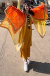 Shop_PREETI MEHTA_Yellow Pleated Satin Polyester Organza Placement Kurta Set With Flower Dupatta 