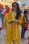 PREETI MEHTA_Yellow Pleated Satin Polyester Organza Placement Kurta Set With Flower Dupatta _Online