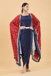 Buy_Soup by Sougat Paul_Blue Tunic Muslin Slub Printed Floral Motifs Orchid Bloom Cape With Draped _at_Aza_Fashions