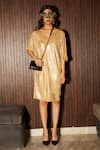 Buy_Tasuvure_Gold Pleated Polyester Round Paris Charm Metallic Kimono Sleeve Dress _at_Aza_Fashions