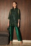 Buy_Tasuvure_Green Net Embroidered Notched V Sarah Tunic And Pant Set _at_Aza_Fashions