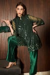 Buy_Tasuvure_Green Net Embroidered Notched V Sarah Tunic And Pant Set _Online_at_Aza_Fashions