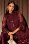 Tasuvure_Maroon Net Embroidered Notched Sarah Floral Work Tunic And Pant Set _Online_at_Aza_Fashions