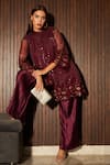 Buy_Tasuvure_Maroon Net Embroidered Notched Sarah Floral Work Tunic And Pant Set _at_Aza_Fashions