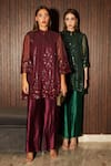 Buy_Tasuvure_Maroon Net Embroidered Notched Sarah Floral Work Tunic And Pant Set _Online_at_Aza_Fashions