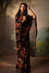 Buy_Atelier Shikaarbagh_Black Saree French Chiffon Printed Floral With Unstitched Blouse Piece _at_Aza_Fashions