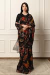 Shop_Atelier Shikaarbagh_Black Saree French Chiffon Printed Floral With Unstitched Blouse Piece _Online_at_Aza_Fashions