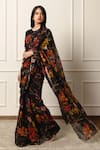 Atelier Shikaarbagh_Black Saree French Chiffon Printed Floral With Unstitched Blouse Piece _at_Aza_Fashions