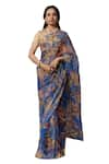 Shop_Atelier Shikaarbagh_Blue Saree French Chiffon Printed Floral With Unstitched Blouse Piece _Online_at_Aza_Fashions