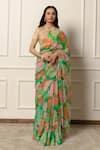 Buy_Atelier Shikaarbagh_Green Saree French Chiffon Printed Blossom With Unstitched Blouse Piece _at_Aza_Fashions