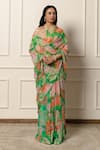 Shop_Atelier Shikaarbagh_Green Saree French Chiffon Printed Blossom With Unstitched Blouse Piece _Online_at_Aza_Fashions