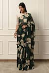 Buy_Atelier Shikaarbagh_Green Saree French Chiffon Printed Contrast With Unstitched Blouse Piece _at_Aza_Fashions