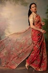 Atelier Shikaarbagh_Red Saree French Chiffon Printed Botanic With Unstitched Blouse Piece _Online_at_Aza_Fashions